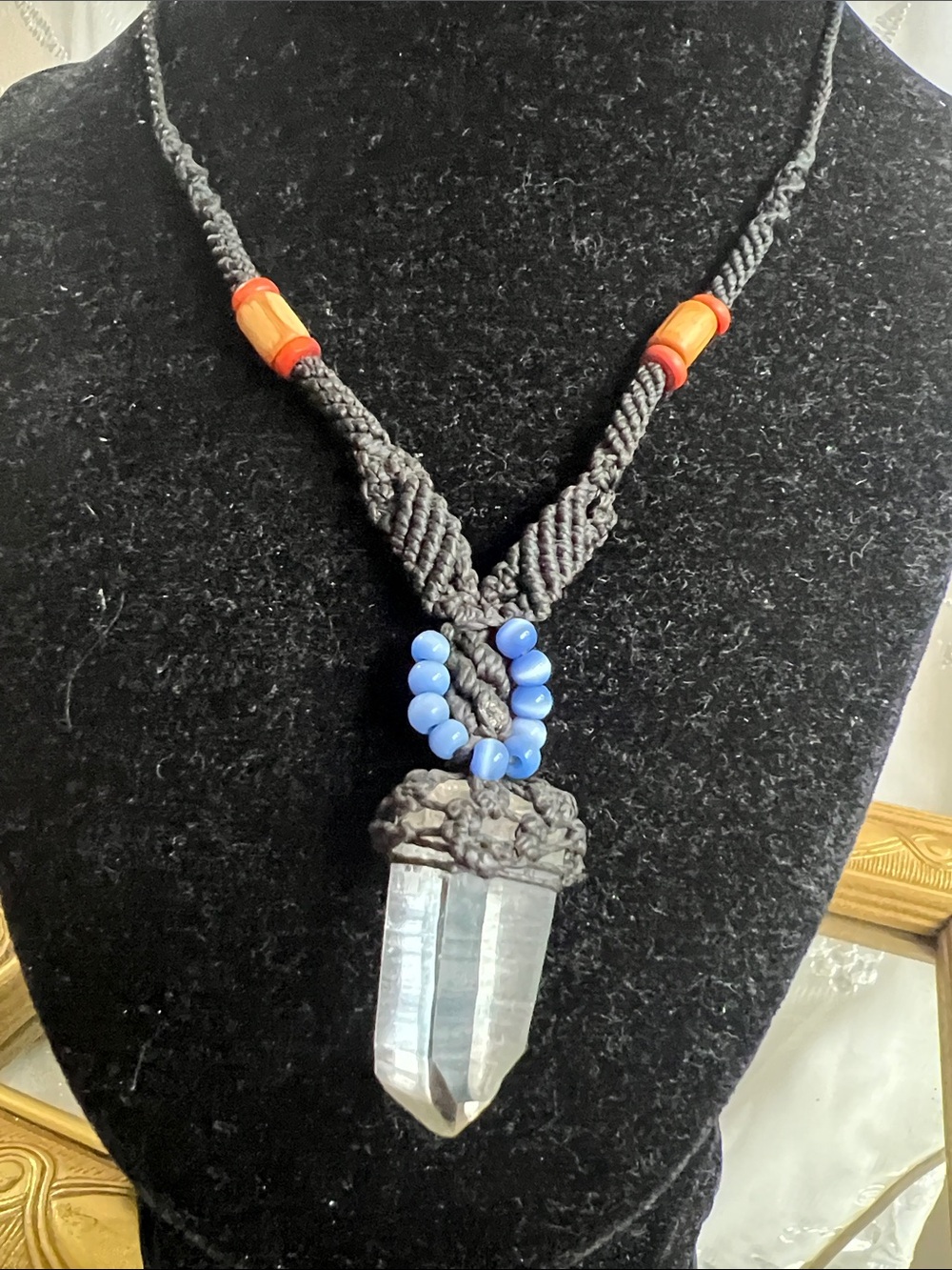 Handmade Black Cord Necklace with Clear Crystal Pendant and Blue Beads
